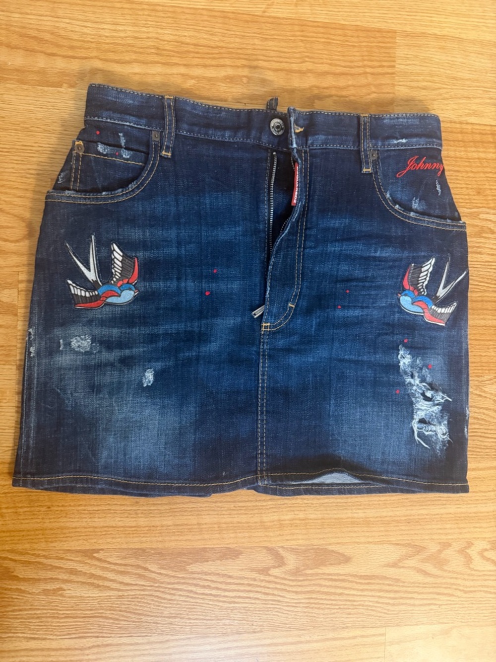 DSQUARED2 Dark Blue Denim Mini Skirt with Swallow Embroidery